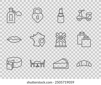 Set line Cheese, Croissant, Lipstick, French cafe, Perfume, Map of France, Cherry cheesecake slice and Paper shopping bag icon. Vector