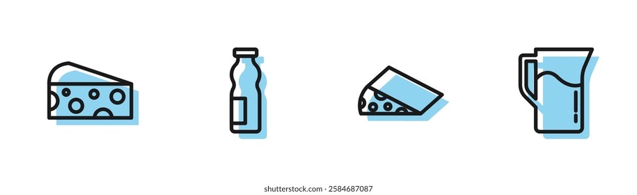 Set line Cheese, , Drinking yogurt in bottle and Milk jug or pitcher icon. Vector