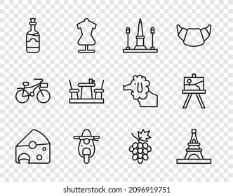 Set line Cheese, Eiffel tower, Place De La Concorde, Scooter, Bottles of wine, French cafe, Grape fruit and Easel painting art boards icon. Vector