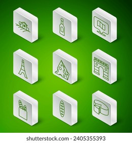 Set line Cheese, French baguette bread, Village landscape, Eiffel tower, Champagne bottle,  and Triumphal Arch icon. Vector
