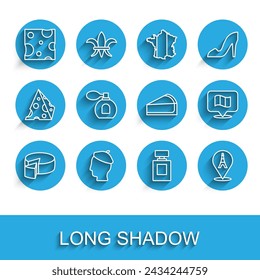 Set line Cheese, French man, Perfume, Eiffel tower, Flag France and Cherry cheesecake slice icon. Vector