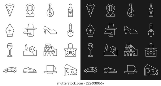 Set line Cheese, Handbag, Pizza knife, Mandolin, Pinocchio, Pope hat, Slice of pizza and Woman shoe icon. Vector