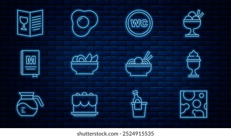 Set line Cheese, Ice cream in bowl, Toilet, Nachos plate, Restaurant cafe menu, Asian noodles and Scrambled eggs icon. Vector