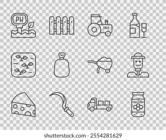 Set line Cheese, Jar of honey, Tractor, Sickle, Soil ph testing, Full sack, Pickup truck and Scarecrow icon. Vector