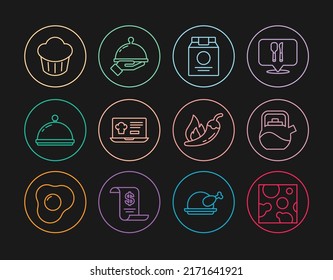 Set line Cheese, Kettle with handle, Online ordering delivery, Covered tray, Cupcake, Hot chili pepper pod and of food icon. Vector