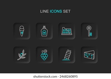 Set line Cheese, Leaning tower in Pisa, Grape fruit, Olives branch, Old key, Coliseum, Perfume and Ice cream waffle icon. Vector