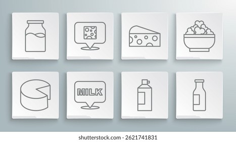 Set line Cheese, Lettering milk, Whipped cream bottle, Bottle with, Cottage cheese and  icon. Vector