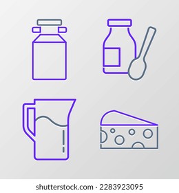 Set line Cheese, Milk jug or pitcher, Drinking yogurt in bottle and Can container for milk icon. Vector