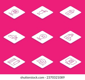 Set line Cheese, Milkshake, Baby milk in bottle, Butter butter dish, Udder, Whipped cream, Paper package for kefir and  icon. Vector