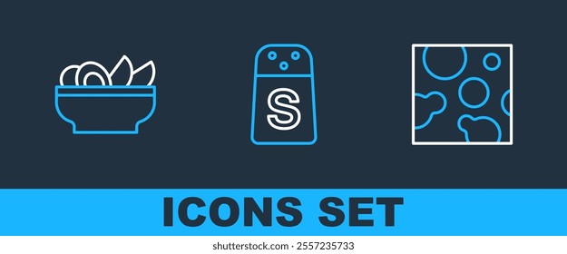 Set line Cheese, Nachos in plate and Salt icon. Vector