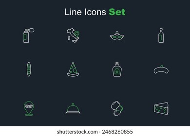 Set line Cheese, Olives, Covered with tray of food, Carnival mask, French beret, Perfume, Slice pizza and baguette bread icon. Vector