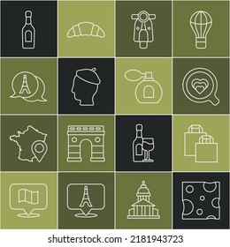 Set line Cheese, Paper shopping bag, Coffee cup, Scooter, French man, Eiffel tower, Champagne bottle and Perfume icon. Vector