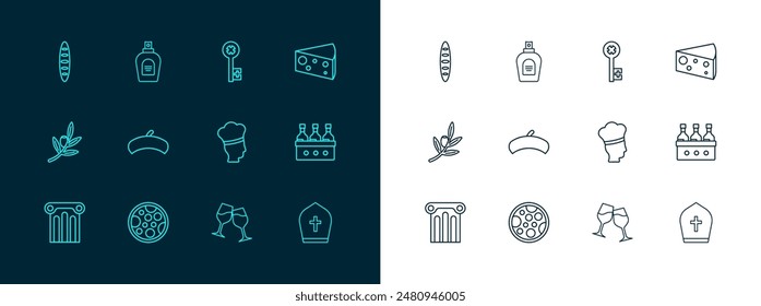 Set line Cheese, Pizza, Italian cook, Wine glass, French beret, Old key, baguette bread and Perfume icon. Vector