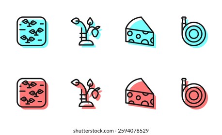 Set line Cheese, Plant, Strawberry bush and Garden hose icon. Vector