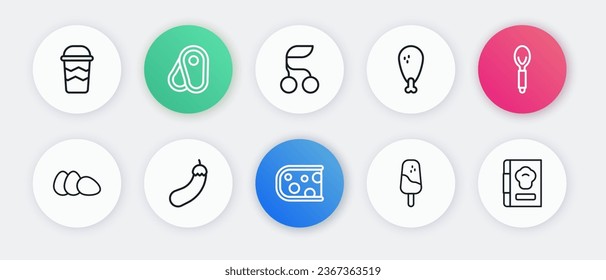 Set line Cheese, Spoon, Chicken egg, Ice cream, leg, Fresh berries, Cookbook and Eggplant icon. Vector