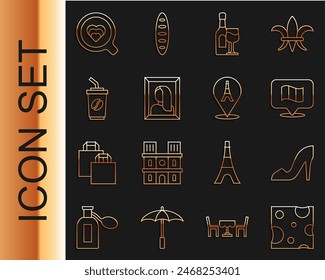 Set line Cheese, Woman shoe, Flag France, Wine bottle with glass, Portrait picture museum, Coffee cup to go,  and Eiffel tower icon. Vector