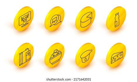 Set line Cheese, Yogurt container, Cottage cheese, Paper package for milk, Drinking yogurt bottle, Udder and Cow head icon. Vector