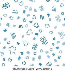Set line Chef hat, Barbecue and Wooden logs on seamless pattern. Vector