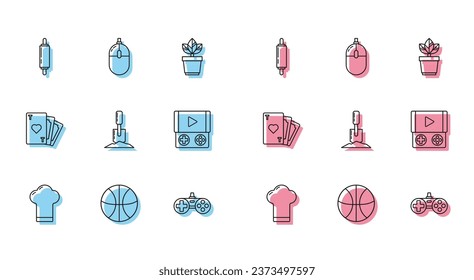 Fija línea sombrero de chef, baloncesto, pasador de rodillos, Gamepad, pala el suelo, videoconsola portátil, tarjeta de juego con símbolo del corazón e icono del ratón de ordenador. Vector