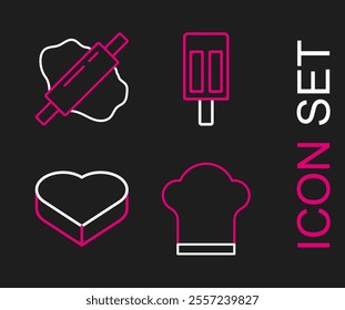 Set line Chef hat, Candy in heart shaped box, Ice cream and Rolling pin on dough icon. Vector