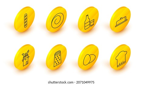 Kochmütze, Hühnereier, Grater, Windmühle, Erdbeerkäseschluss, Glasflasche mit Milch und Glas, Zimtbrunnen und französisches Baguettesymbol. Vektorgrafik