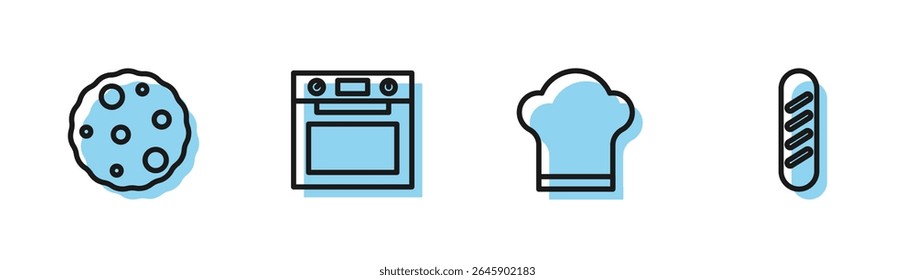 Set line Chef hat, Cookie or biscuit, Oven and French baguette bread icon. Vector