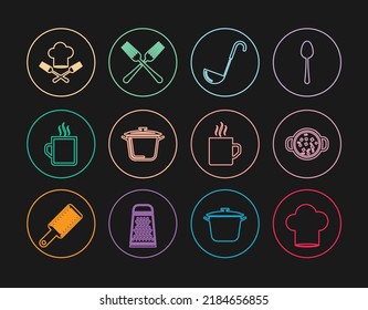 Set line Chef hat, Cooking soup in pot, Kitchen ladle, Coffee cup, and fork,  and Crossed icon. Vector