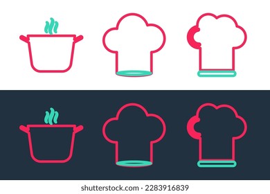 Fija la línea Sombrero del chef, olla de cocina e icono. Vector