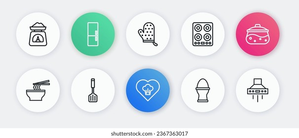 Set line Chef hat, Cooking pot, Asian noodles bowl, Chicken egg on stand, Gas stove, Oven glove, Kitchen extractor fan and Spatula icon. Vector
