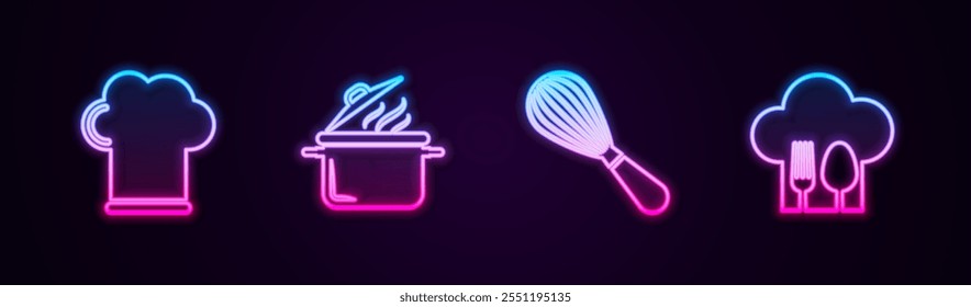 Set line Chef hat, Cooking pot, Kitchen whisk and with fork and spoon. Glowing neon icon. Vector