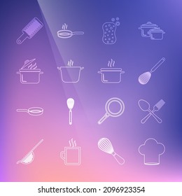 Set line Chef hat, Crossed fork and spoon, Kitchen whisk, Sponge with bubbles, Cooking pot, Grater and  icon. Vector