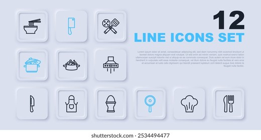 Set line Chef hat, Crossed knife and fork, Cooking pot, Frying pan, Kitchen apron, Meat chopper and Chicken egg stand icon. Vector