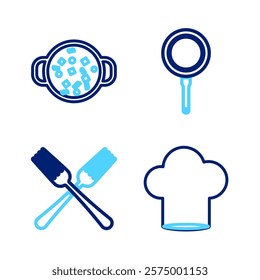 Set line Chef hat, Crossed fork, Frying pan and Cooking soup pot icon. Vector