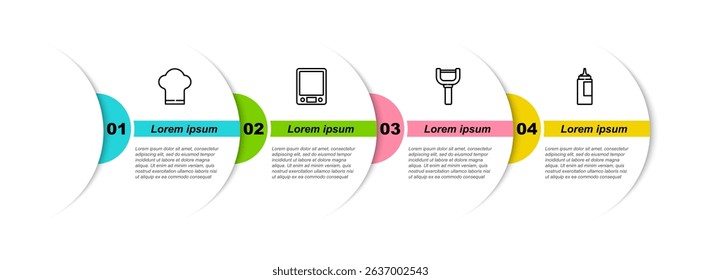 Set line Chef hat, Electronic scales, Peeler and Sauce bottle. Business infographic template. Vector