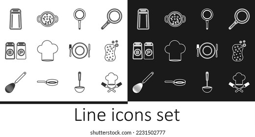 Set line Chef hat and fork, Sponge with bubbles, Frying pan, Salt pepper, Plate, knife and Cooking soup pot icon. Vector
