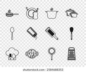 Set line Chef hat with fork and spoon, Grater, Cooking pot, soup, Frying pan, Salt pepper,  and Kitchen whisk icon. Vector