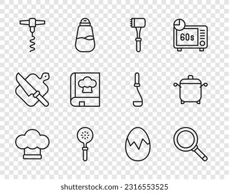 Set line Chef hat, Frying pan, Kitchen hammer, Spatula, Wine corkscrew, Cookbook, Broken egg and Cooking pot icon. Vector