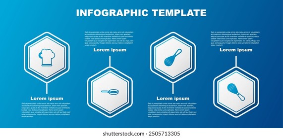 Set line Chef hat, Frying pan, Kitchen whisk and . Business infographic template. Vector