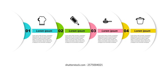 Set line Chef hat, Grater, Frying pan and Cooking pot. Business infographic template. Vector