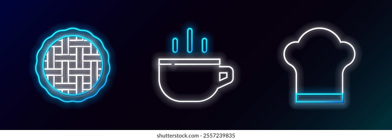 Set line Chef hat, Homemade pie and Coffee cup icon. Glowing neon. Vector