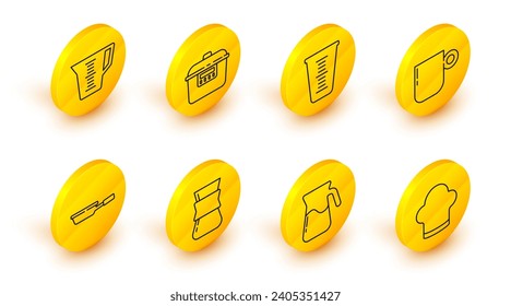 Ponga en línea sombrero de chef, vaso de jugo con agua, café, sartén, taza, medida, cocina lenta e icono. Vector