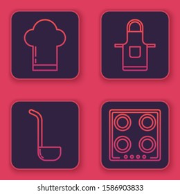 Set line Chef hat , Kitchen ladle , Kitchen apron  and Gas stove . Blue square button. Vector