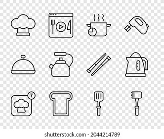 Set line Chef hat, Kitchen hammer, Cooking pot, Bread toast, Kettle with handle, Barbecue spatula and Electric kettle icon. Vector