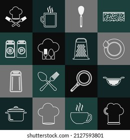 Set line Chef hat, Kitchen colander, Washing dishes, whisk, with fork spoon, Salt pepper, and Grater icon. Vector