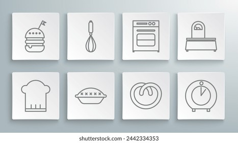 Set line Chef hat, Kitchen whisk, Homemade pie, Pretzel, timer, Oven, Scales and Burger icon. Vector