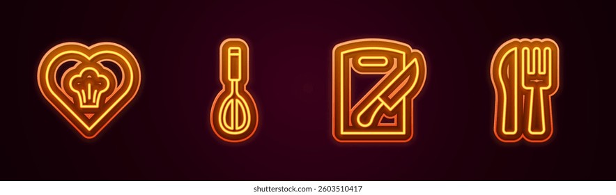 Set line Chef hat, Kitchen whisk, Cutting board and knife and Crossed fork. Glowing neon icon. Vector