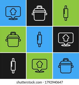 Set line Chef hat with location, Rolling pin and Cooking pot icon. Vector
