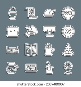 Set line Chef hat with location, Slice of pizza, Toilet, Roasted turkey or chicken, Cake, Chicken egg stand and Wooden table icon. Vector