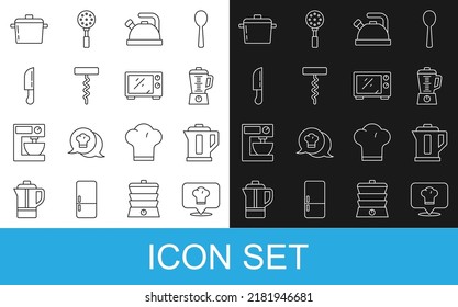 Set line Chef hat with location, Electric kettle, Blender, Kettle handle, Wine corkscrew, Knife, Cooking pot and Microwave oven icon. Vector