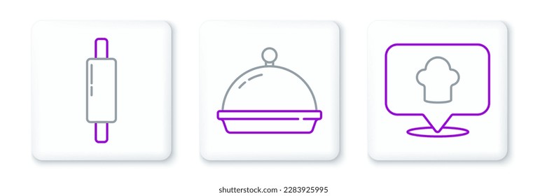 Set line Chef hat with location, Rolling pin and Covered tray of food icon. Vector